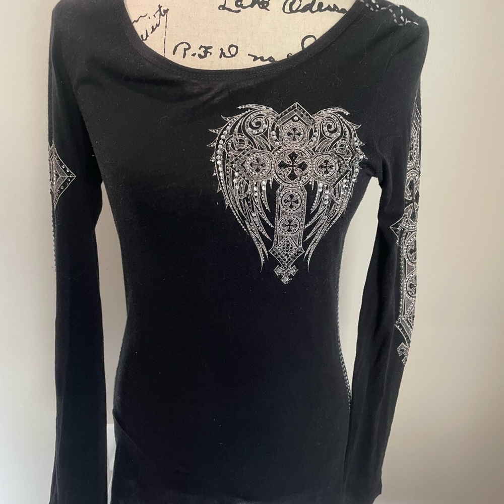 Women's Black Long Sleeve Top with Silver Embellishments L